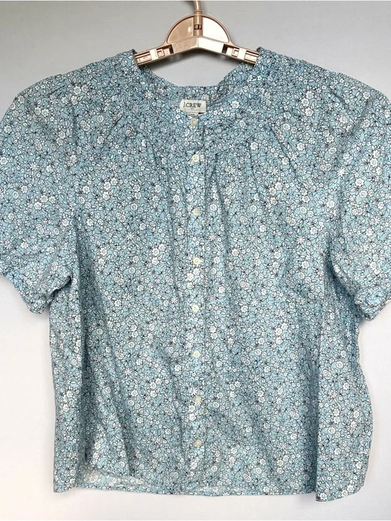 J Crew Blue Floral Smocked Button Up Blouse XXL Linen Cotton Puff Sleeve Shirt - Picture 6 of 15